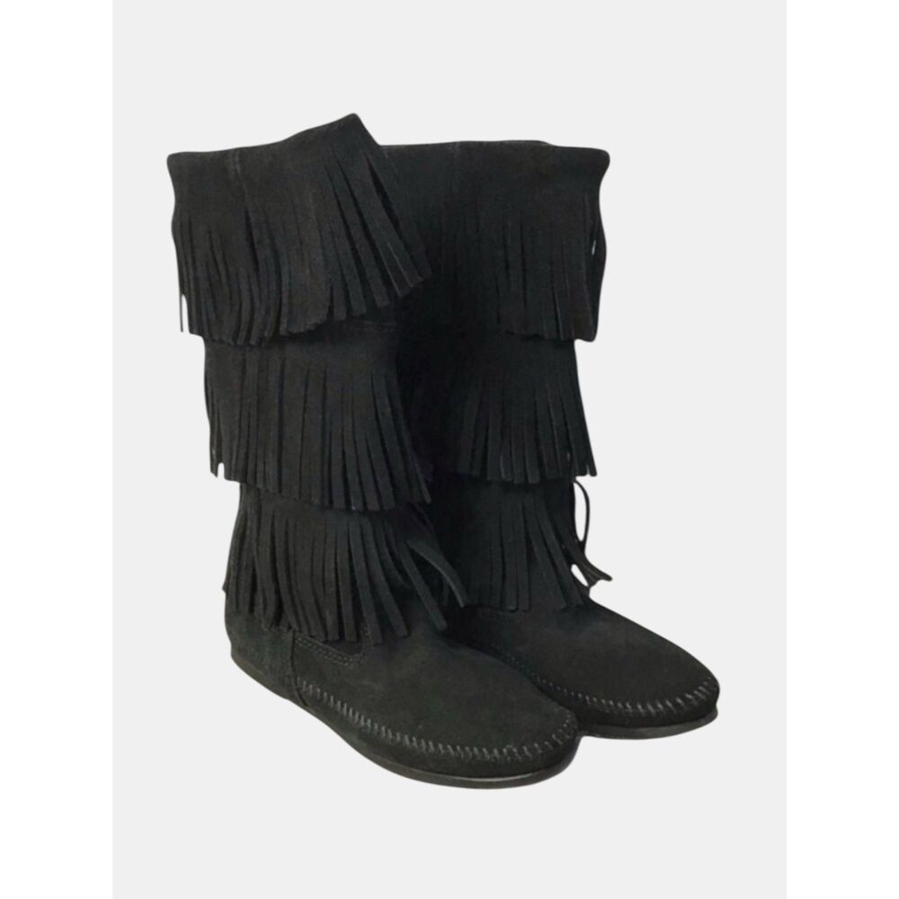 Minnetonka 3 Layer Fringe Boots Black Suede Leather Mid Calf Size 5 New NWOB